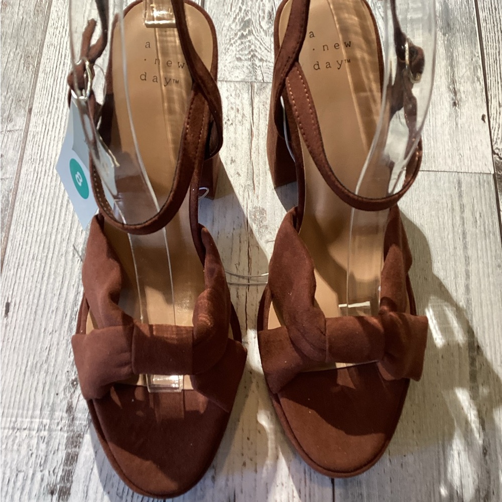 A New Day Brown Heels with Strappy Design and Chunky Heel Size 8